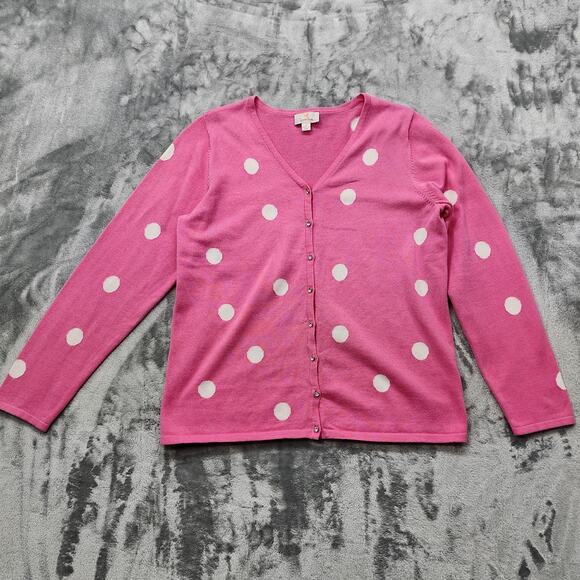 Quacker Factory Sweater Womens S Pink White Polka Dot V-Neck Buttons Preppy - Picture 1 of 10